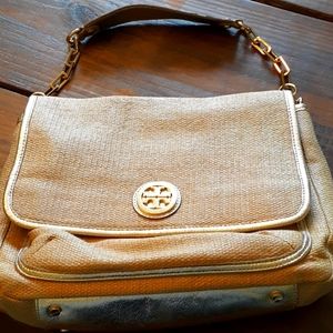 Tory Burch Shoulder Bag Straw & Gold Leather